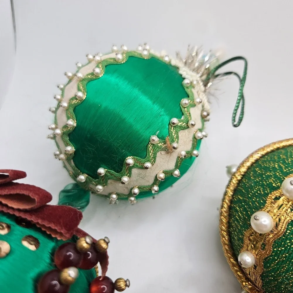 6 Vintage Handmade Satin Beaded Christmas Ball Ornaments Green Gold Pearl